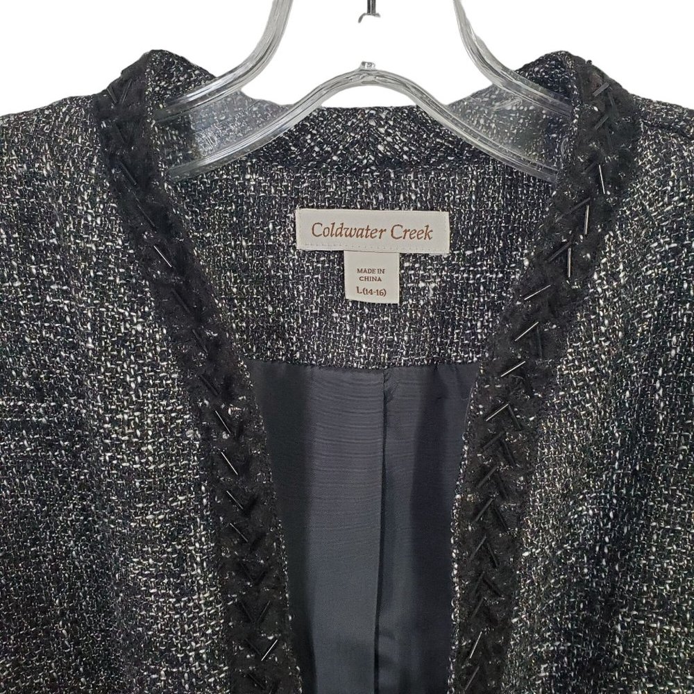 Coldwater Creek Size L Blazer Tweed Metallic Open Front Beaded Trim Wool Blend - Picture 6 of 9